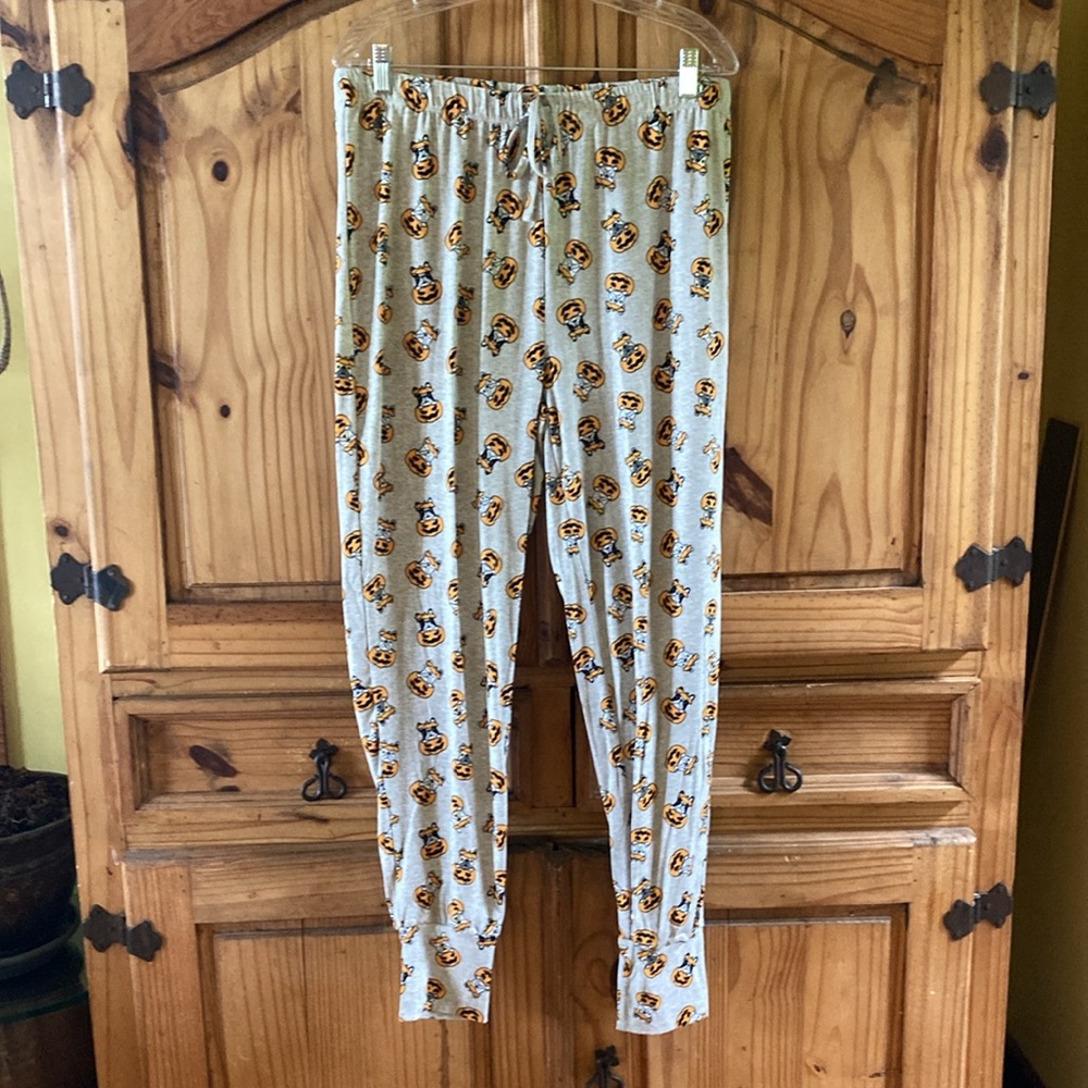 Spooky Night gray orange dog pumpkins leggings pants size L - NWT
